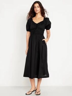 NWT Old Navy Fit & Flare Puff-Sleeve Midi Dress // Black